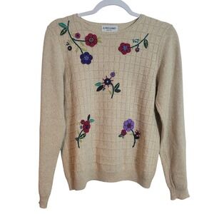 Alfred Dunner Tan Floral Embroidered Sequin Knit Sweater Small P Spring Boho